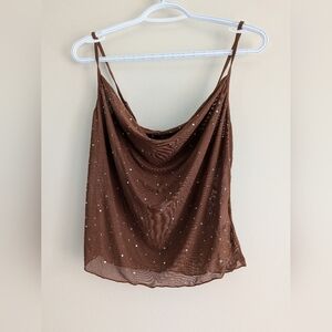 BNWT Brown Cowl Neck Sheer Rhinestone Studded Camisole Top